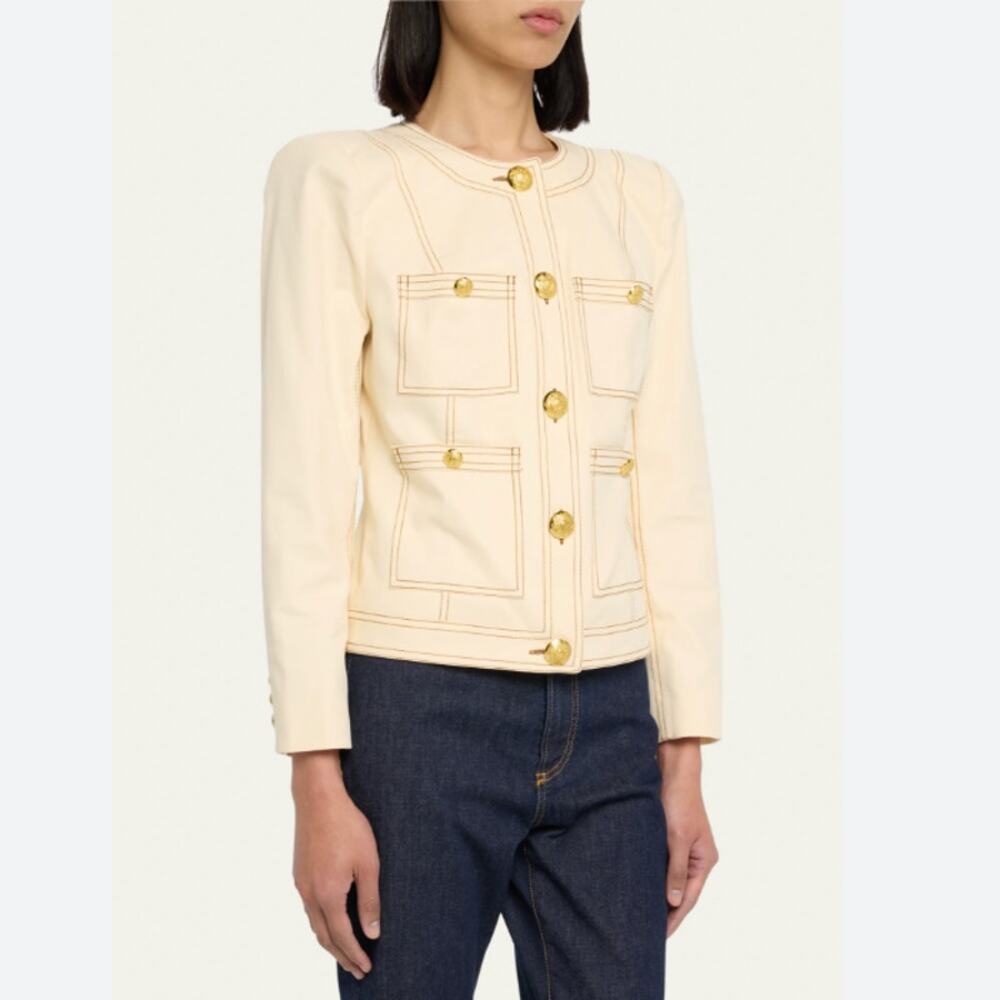 Veronica Beard Ferazia Denim Topstitch Jacket Cream Ecru Gold Buttons, Size 0